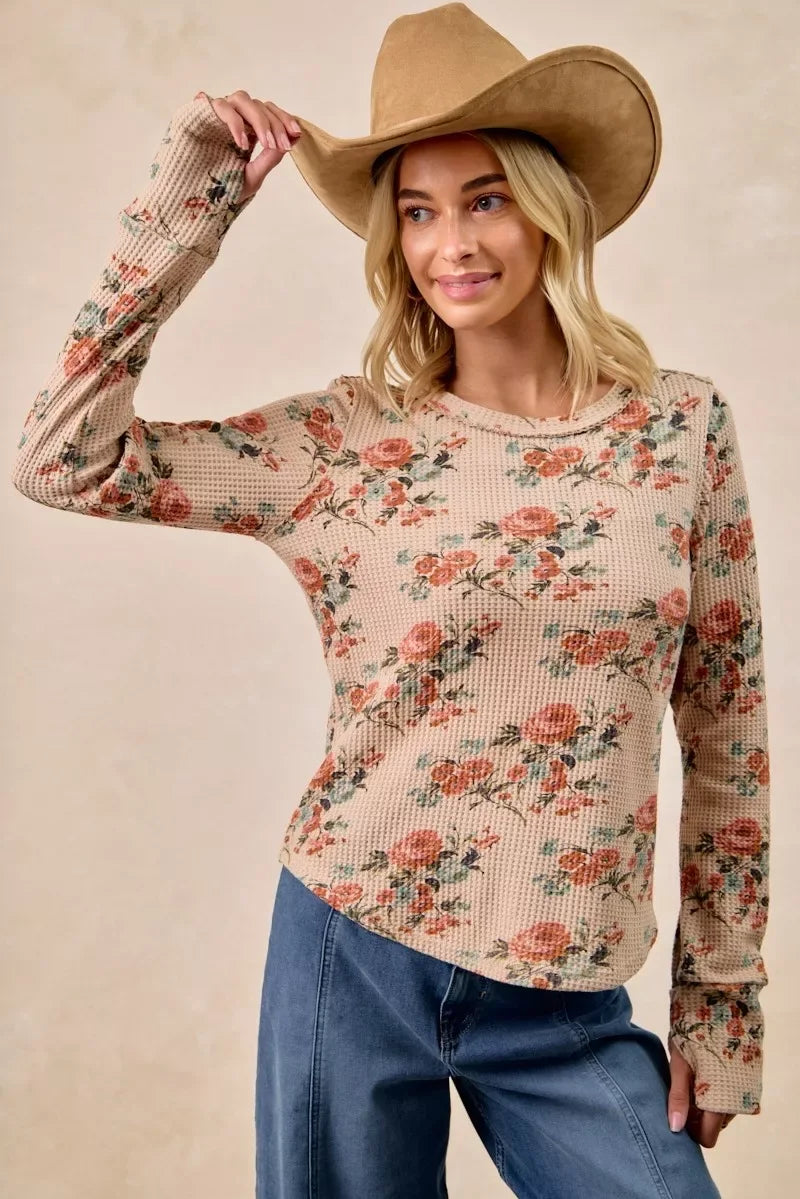 BiBi Floral Print Washed Waffle Thermal Top with Thumb - Trendsi - Flyclothing LLC