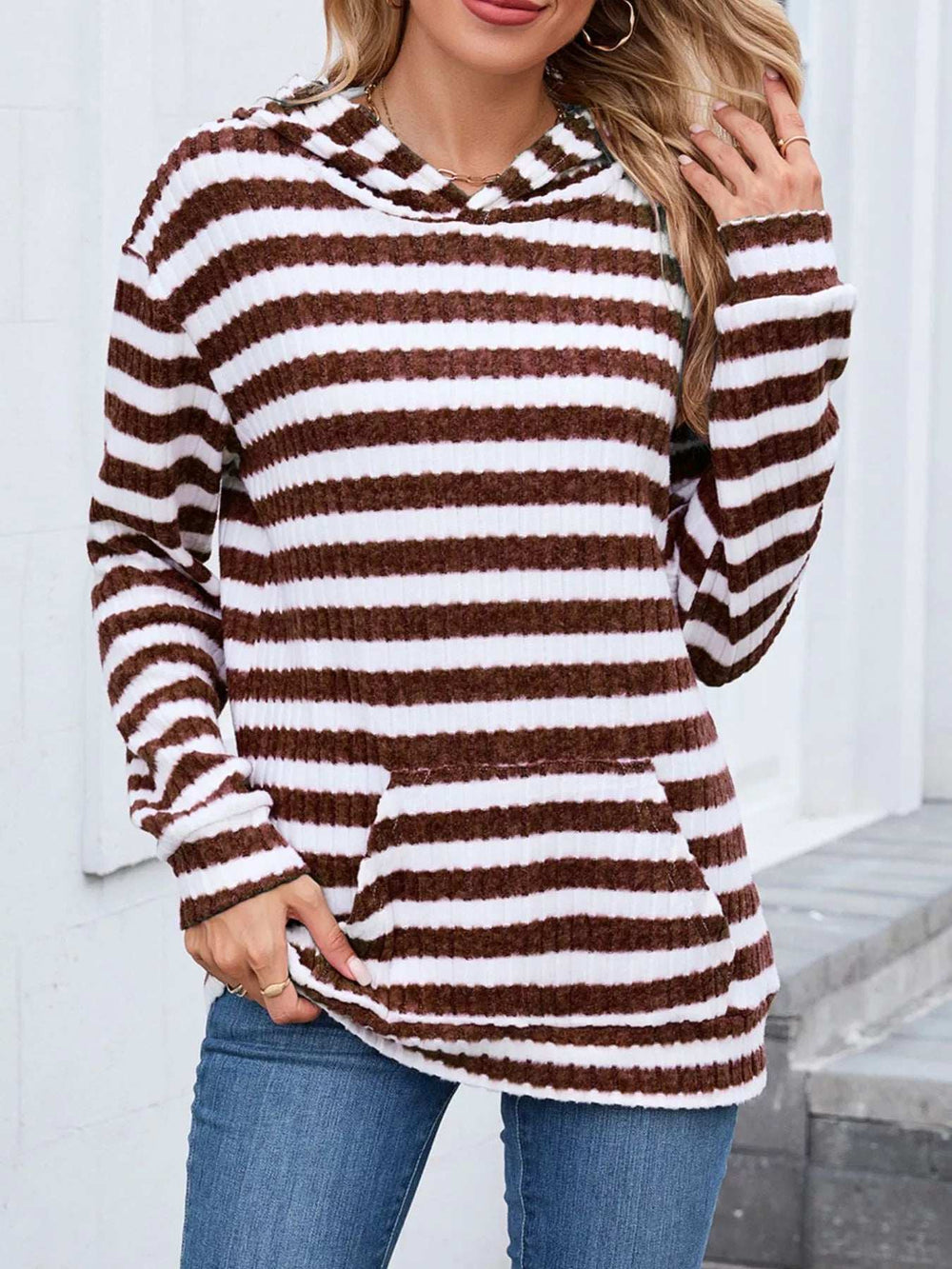 Striped Dropped Shoulder Hoodie - Trendsi - Flyclothing LLC