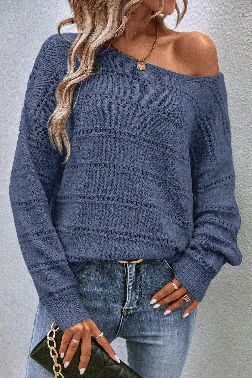 Boat Neck Dropped Shoulder Sweater - Trendsi - Flyclothing LLC