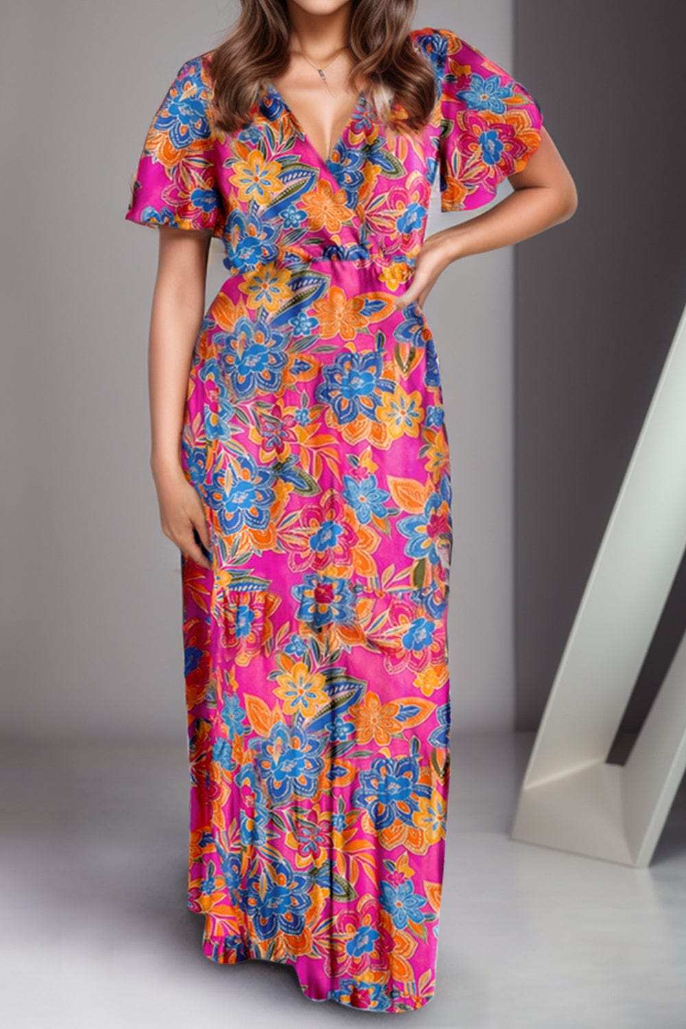 Printed Surplice Short Sleeve Maxi Dress - Trendsi - Flyclothing LLC