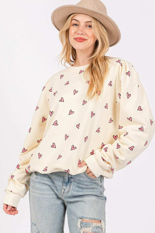SAGE + FIG Heart Printed Contrast Long Sleeve Sweatshirt - Trendsi - Flyclothing LLC