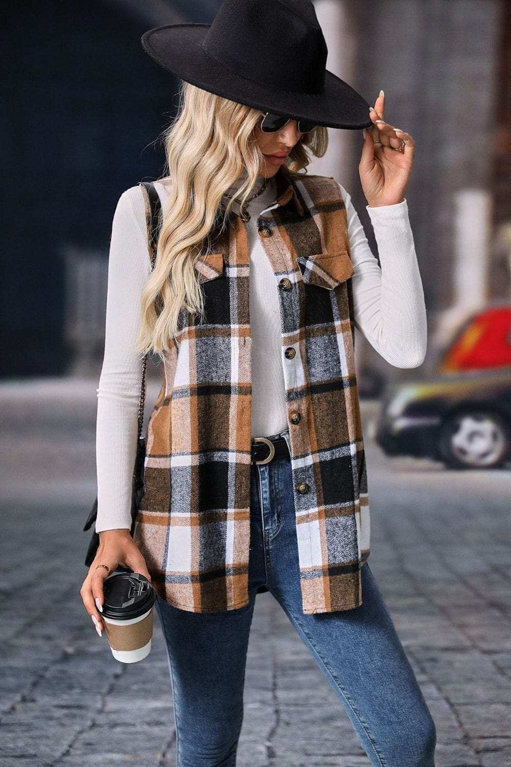Plaid Button Up Vest Coat - Trendsi - Flyclothing LLC