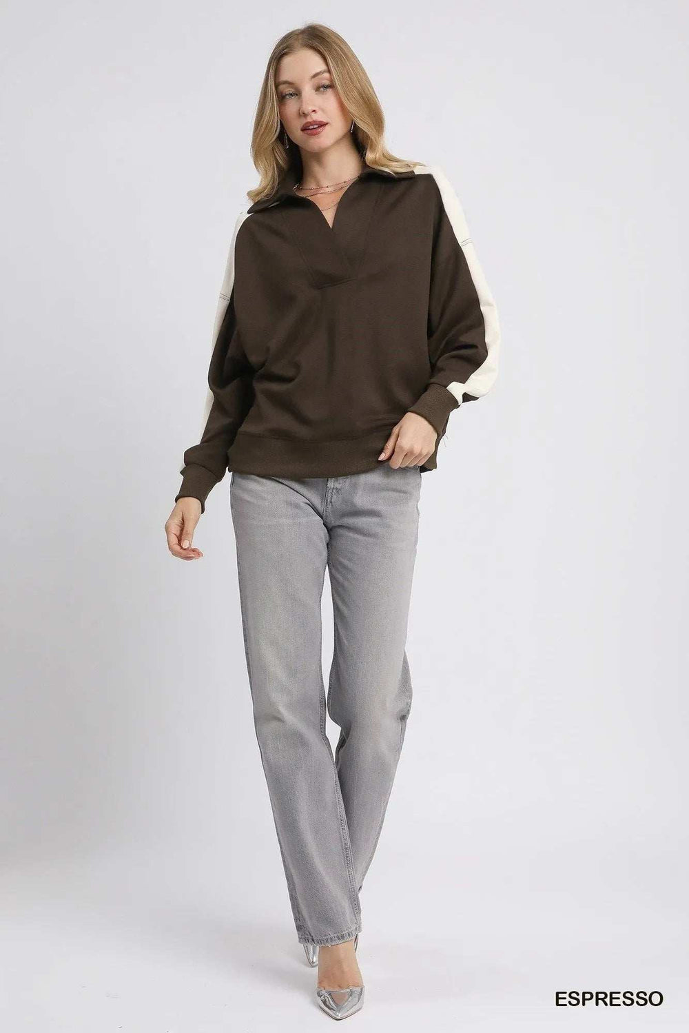 Umgee Color Block Polo Sweatshirt - Trendsi - Flyclothing LLC