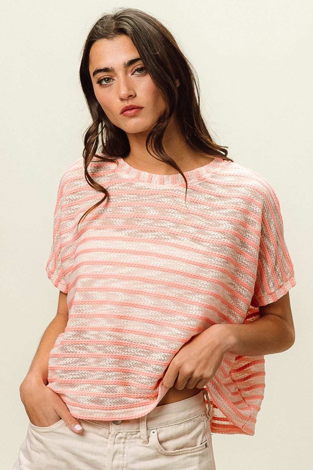 BiBi Braid Striped Short Sleeve Round Neck T-Shirt - Trendsi - Flyclothing LLC