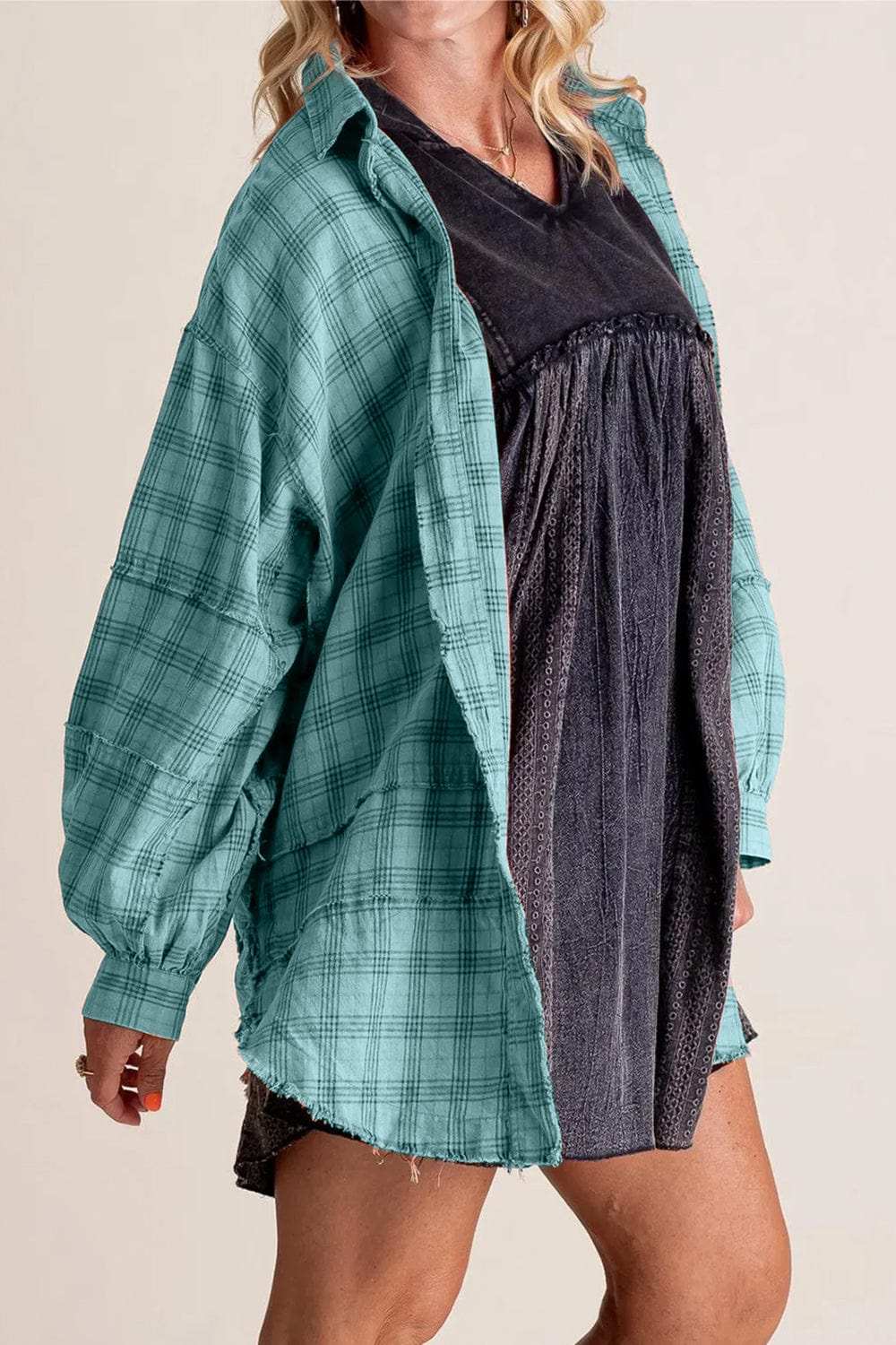 Exposed Seam Plaid Collared Neck Long Sleeve Shirt - Trendsi - Flyclothing LLC