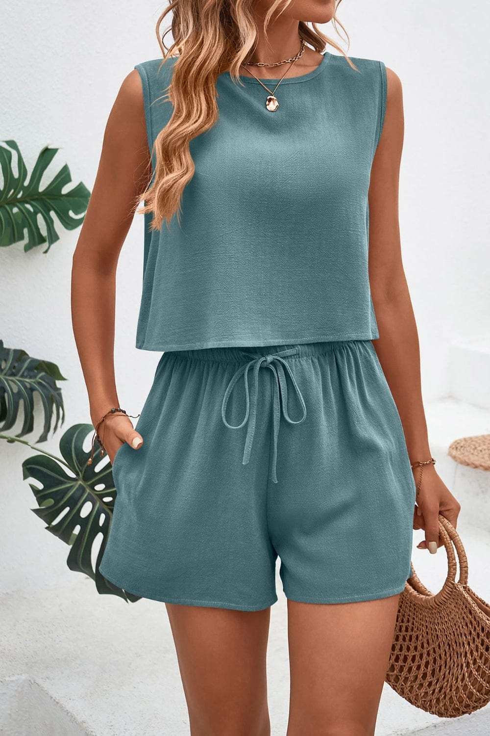 Round Neck Top and Drawstring Shorts Set - Trendsi - Flyclothing LLC