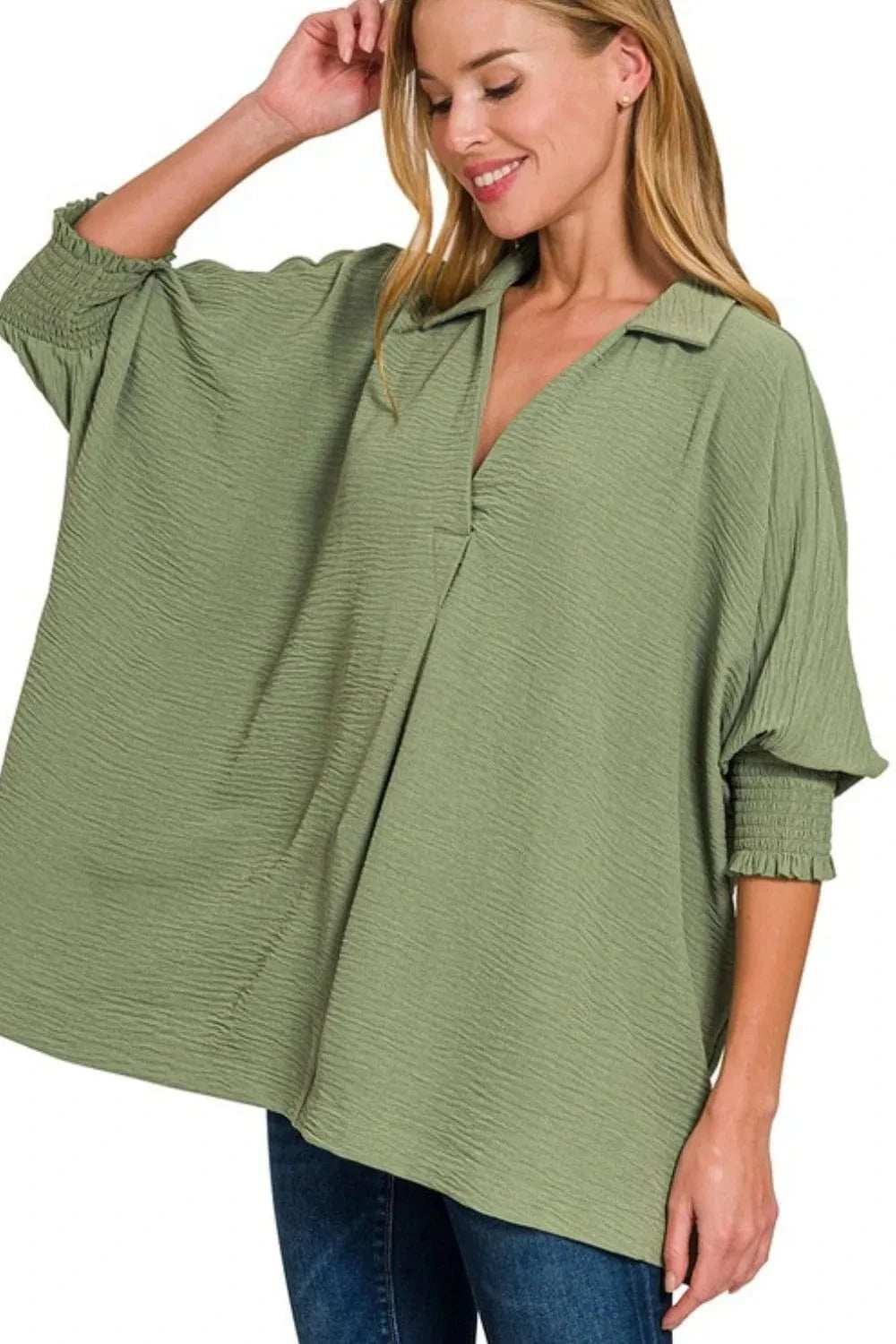 Zenana Airflow Collar Tee with Smocked Sleeve Band Top - Trendsi - Flyclothing LLC