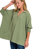Zenana Airflow Collar Tee with Smocked Sleeve Band Top - Trendsi - Flyclothing LLC