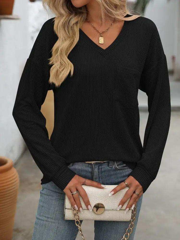 V-Neck Long Sleeve T-Shirt - Trendsi - Flyclothing LLC