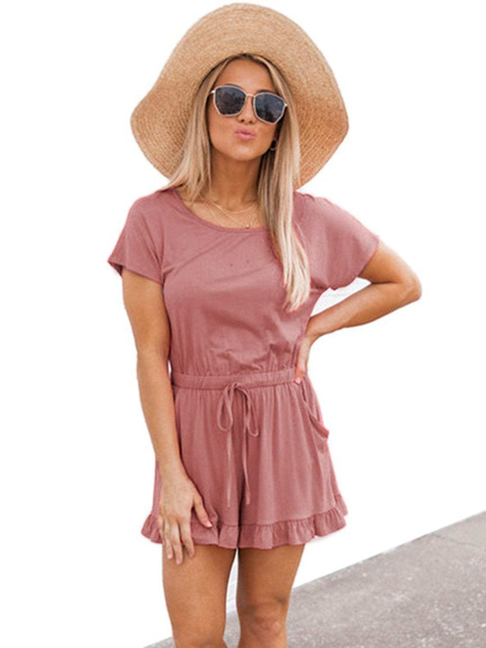 Ruffled Boat Neck Short Sleeve Romper - Trendsi - Flyclothing LLC