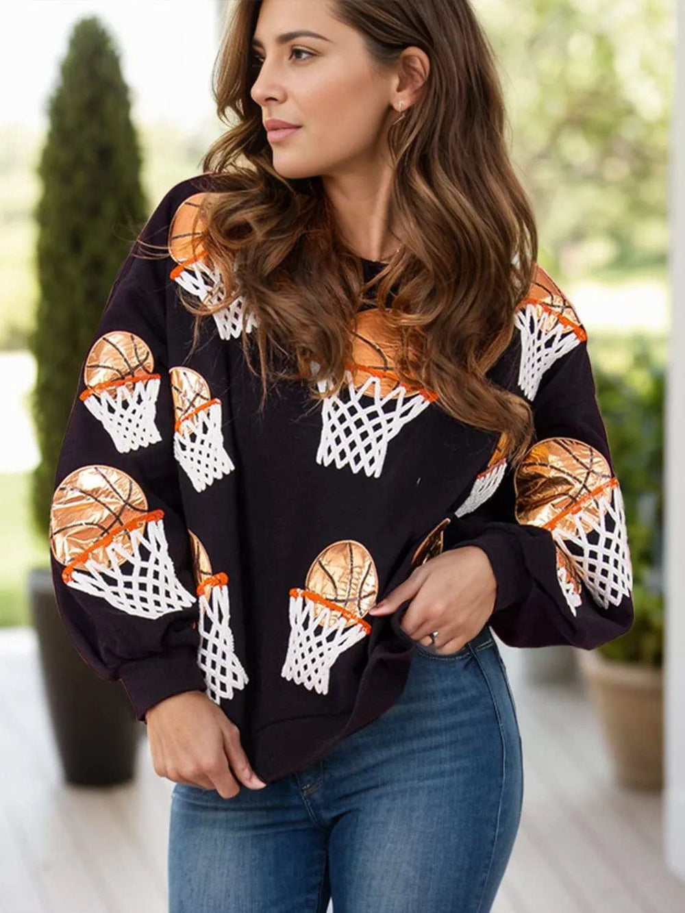 Basketball Round Neck Long Sleeve Sweatshirt - Trendsi - Flyclothing LLC