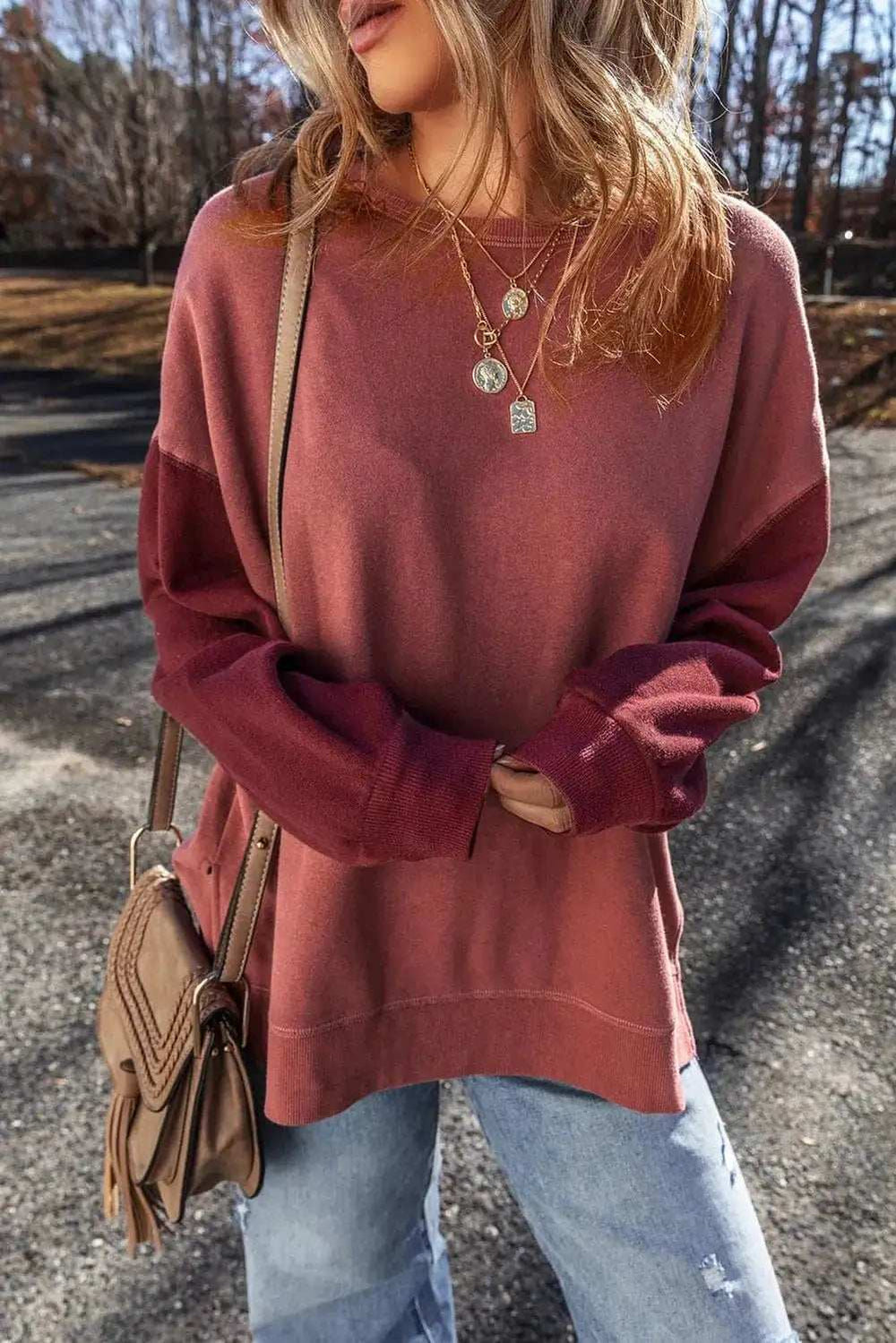 Contrast Round Neck Long Sleeve Sweatshirt - Trendsi - Flyclothing LLC