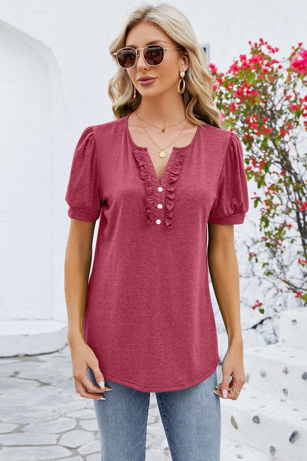 Frill Notched Short Sleeve Blouse - Trendsi - Flyclothing LLC