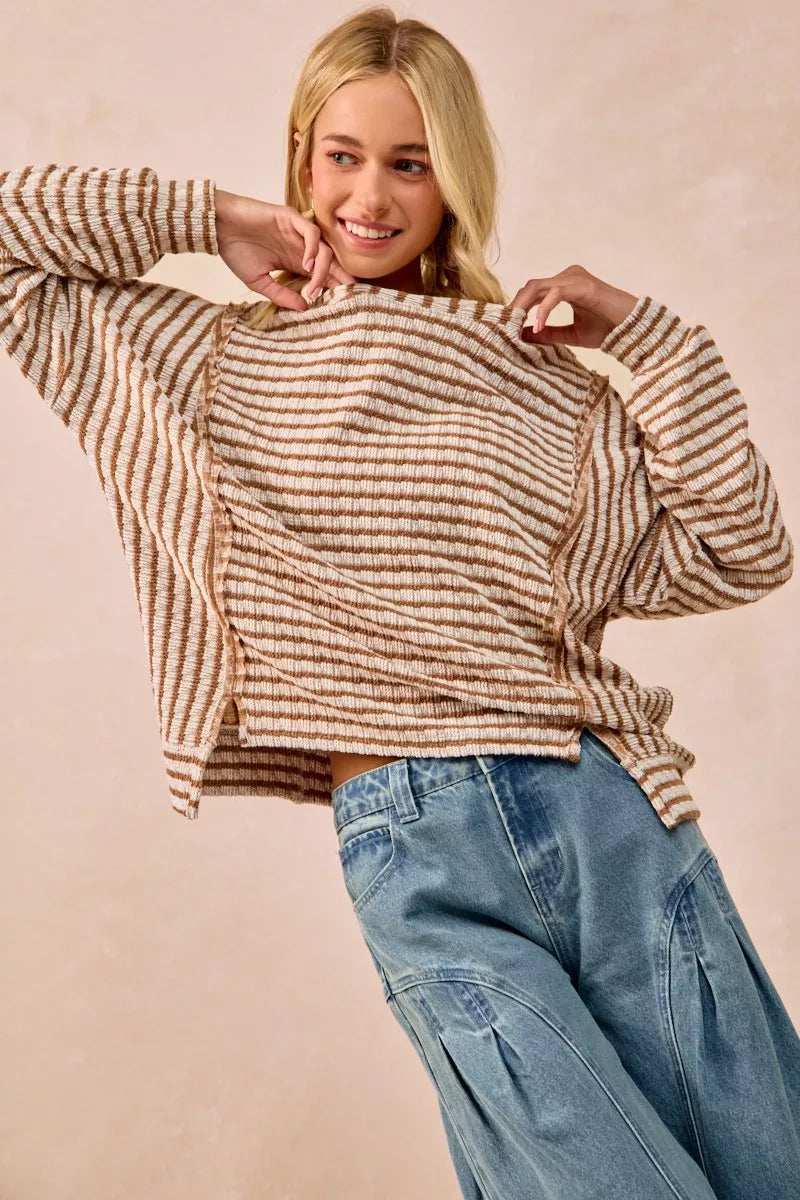 BiBi Open Seam Detail Textured Stripe Knit Top - Trendsi - Flyclothing LLC