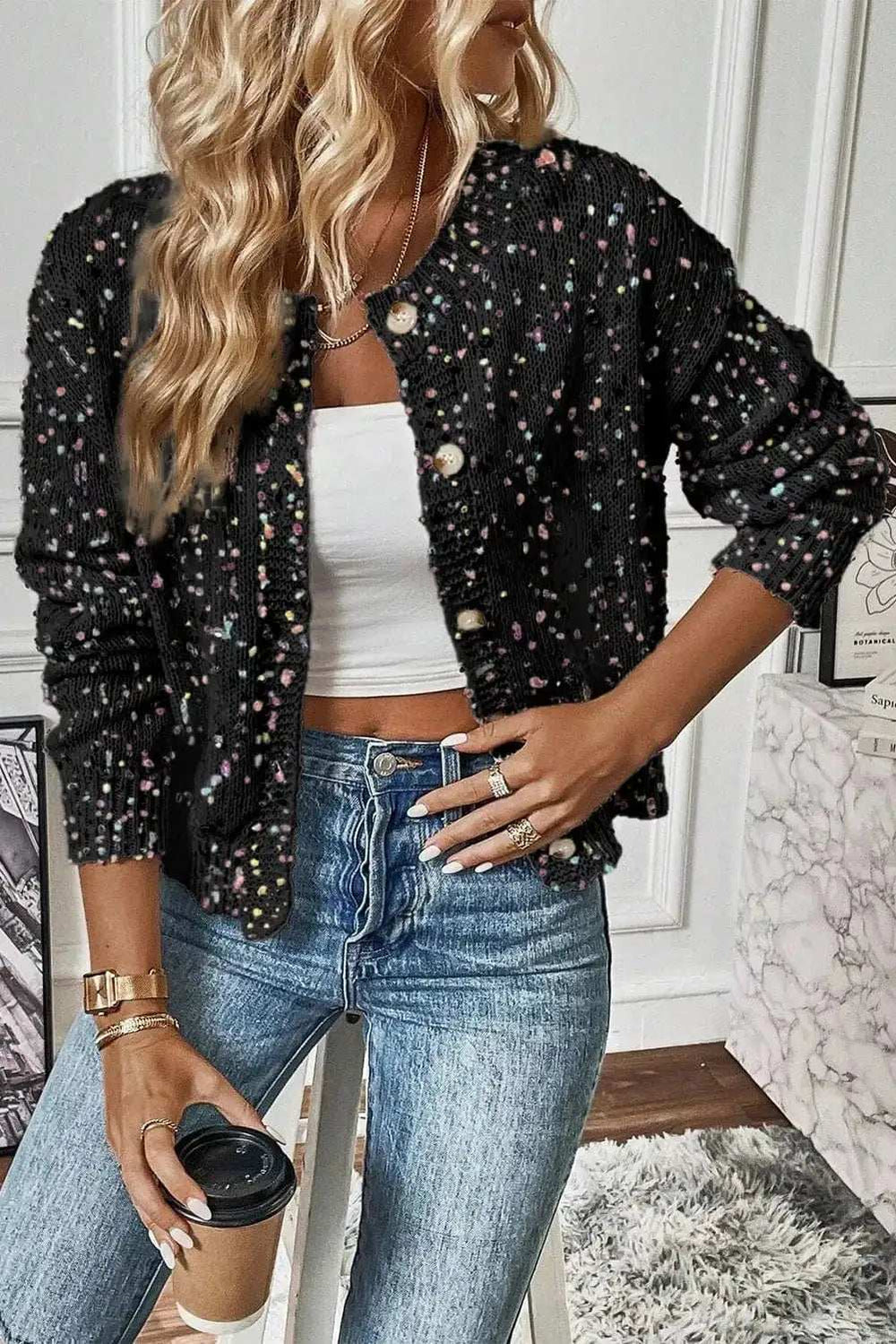 Confetti Button Up Long Sleeve Cardigan - Trendsi - Flyclothing LLC