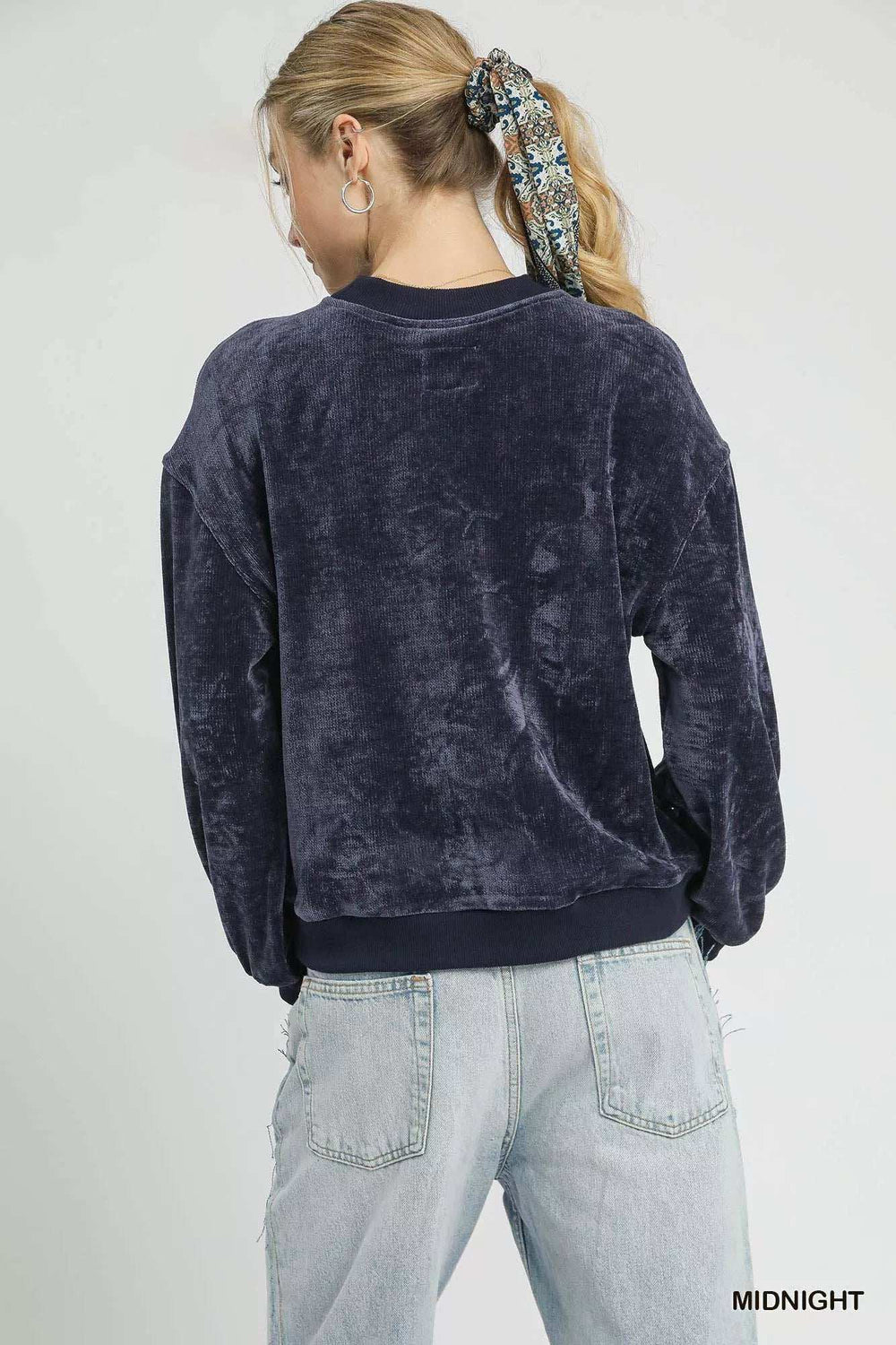 Umgee Velour Crewneck Balloon Sleeve Sweatshirt - Trendsi - Flyclothing LLC