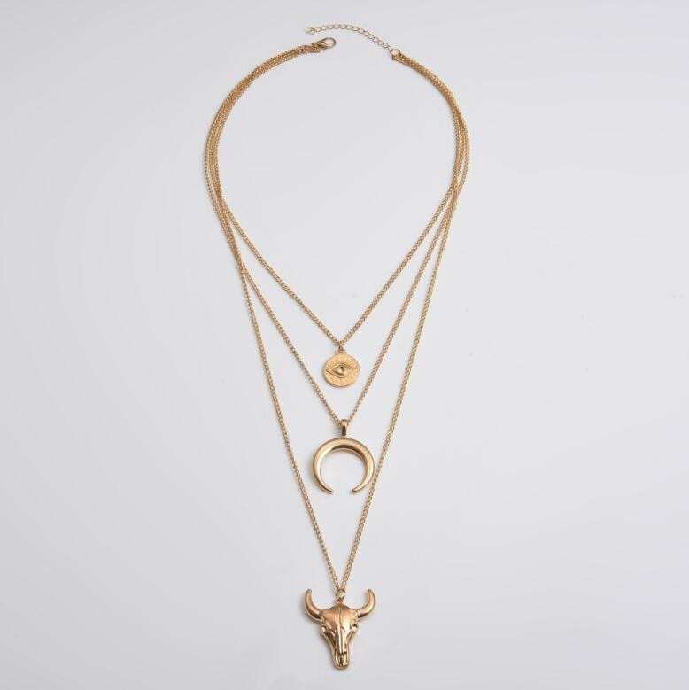 Alloy Three-Layered Bull Head Pendant Necklace - Trendsi - Flyclothing LLC