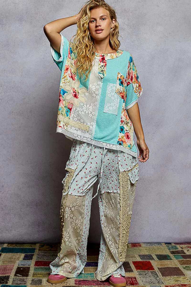 POL Lace Round Neck Short Sleeve Floral Pattern Top with Patch Detail - Trendsi - Flyclothing LLC