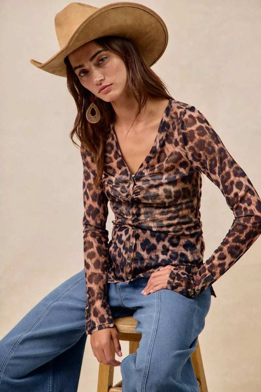 BiBi Leopard Printed Mesh Shirt With Button Up V Neck - Trendsi - Flyclothing LLC