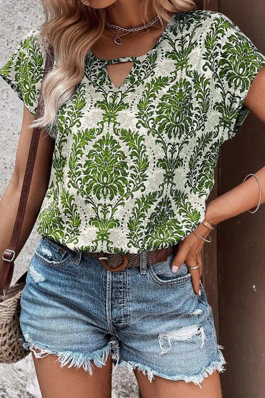 Cutout Printed Short Sleeve Blouse - Trendsi - Flyclothing LLC