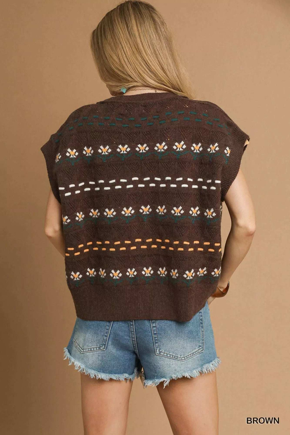 Umgee Button-Down Knit Vest with Floral Pattern - Trendsi - Flyclothing LLC