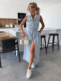 Button Front Sleeveless Denim Dress - Trendsi - Flyclothing LLC