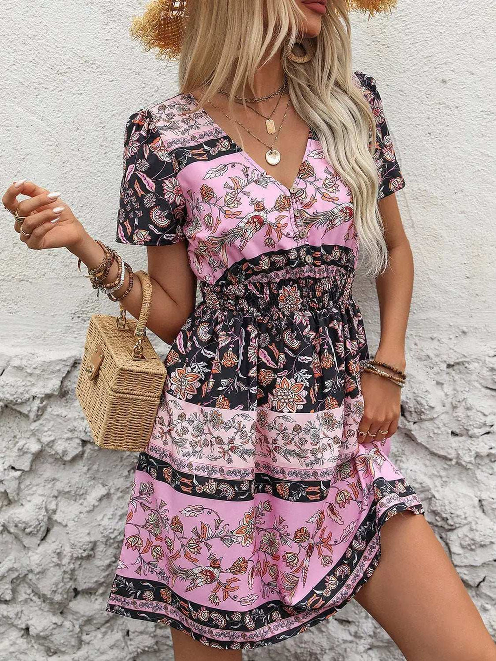 Printed V-Neck Short Sleeve Mini Dress - Trendsi - Flyclothing LLC
