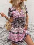 Printed V-Neck Short Sleeve Mini Dress - Trendsi - Flyclothing LLC