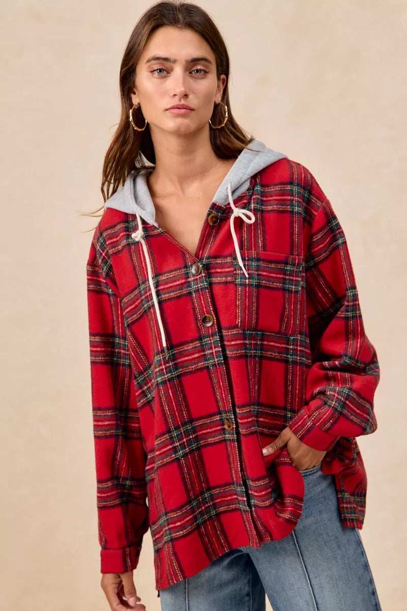 BiBi Brushed Plaid Hooded Jacket - Trendsi - Flyclothing LLC