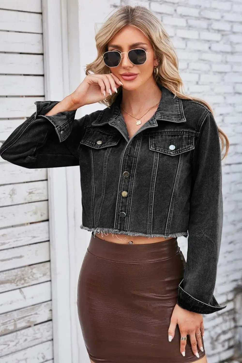 Raw Hem Denim Jacket with Pockets - Trendsi - Flyclothing LLC