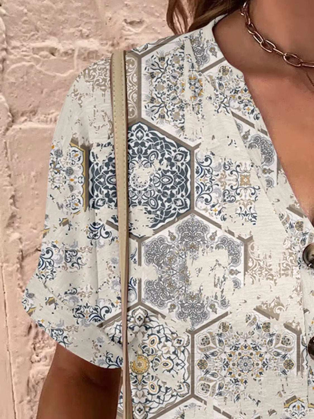 Full Size Printed Notched Short Sleeve Blouse - Trendsi - Flyclothing LLC