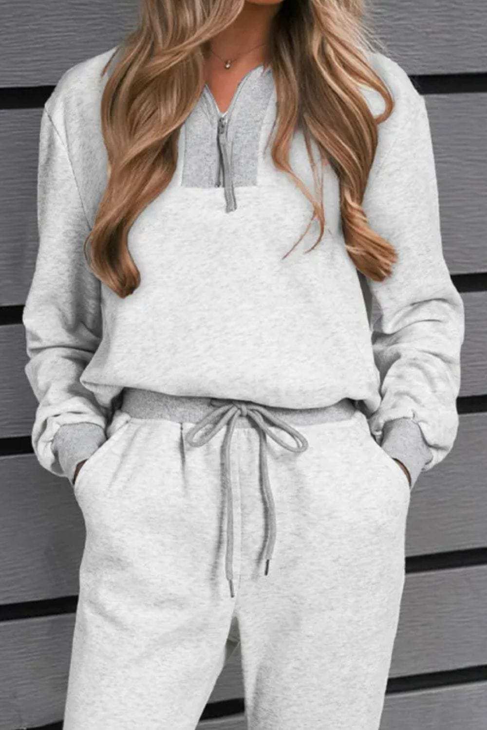 Quarter Zip Long Sleeve Top and Drawstring Pants Set - Trendsi - Flyclothing LLC