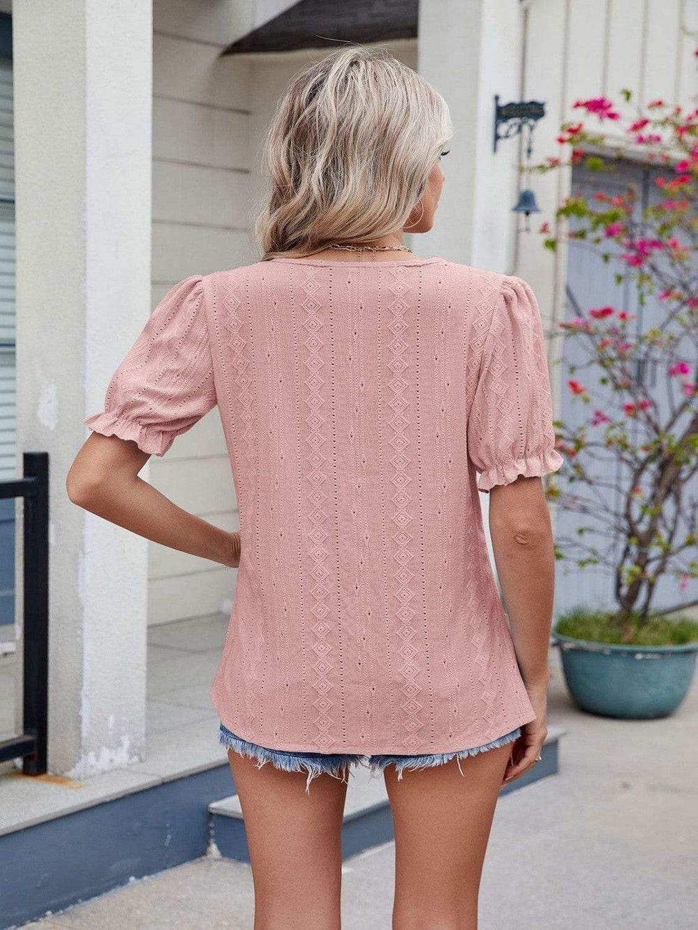 Eyelet Notched Short Sleeve Top - Trendsi - Flyclothing LLC