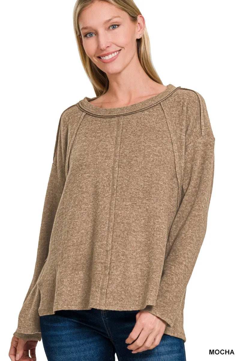 Zenana Brushed Hacci Exposed Seam Hi Low Sweater - Trendsi - Flyclothing LLC