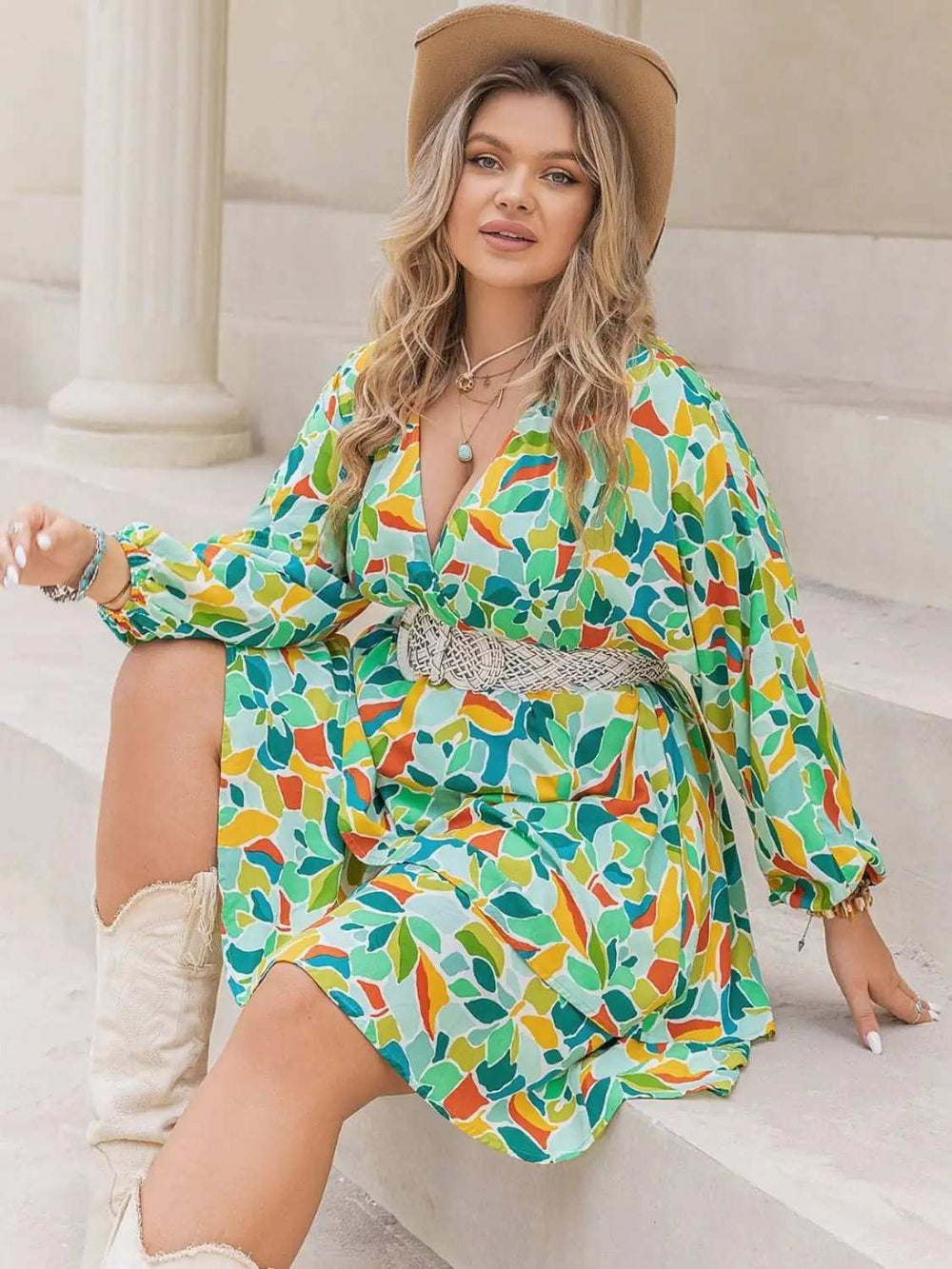 Plus Size Printed Surplice Long Sleeve Mini Dress - Trendsi - Flyclothing LLC