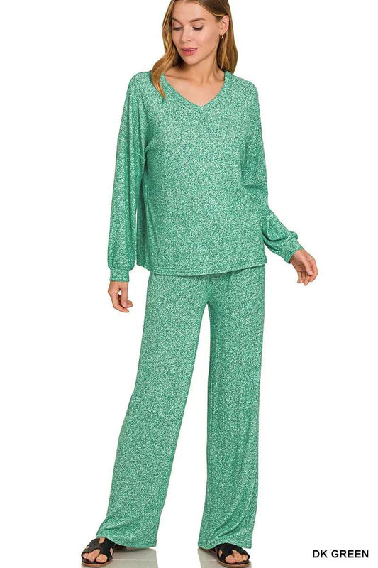 Zenana Soft Melange Long Sleeve Tee & Pants Set - Trendsi - Flyclothing LLC