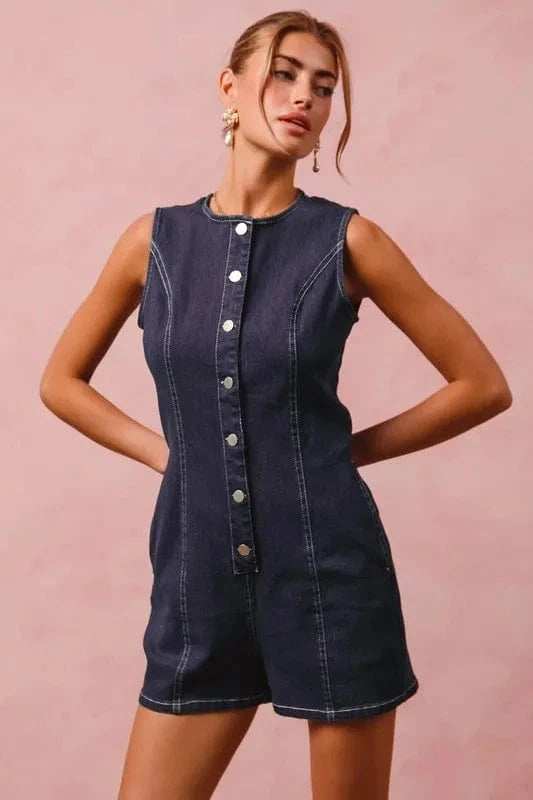 SO ME Button Up Front Washed Denim Sleeveless Romper - Trendsi - Flyclothing LLC