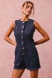 SO ME Button Up Front Washed Denim Sleeveless Romper - Trendsi - Flyclothing LLC