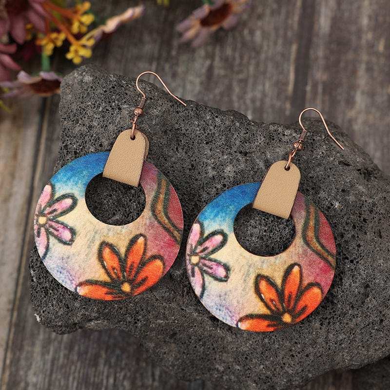Wooden Flower Round Shape Earrings - Trendsi - Flyclothing LLC