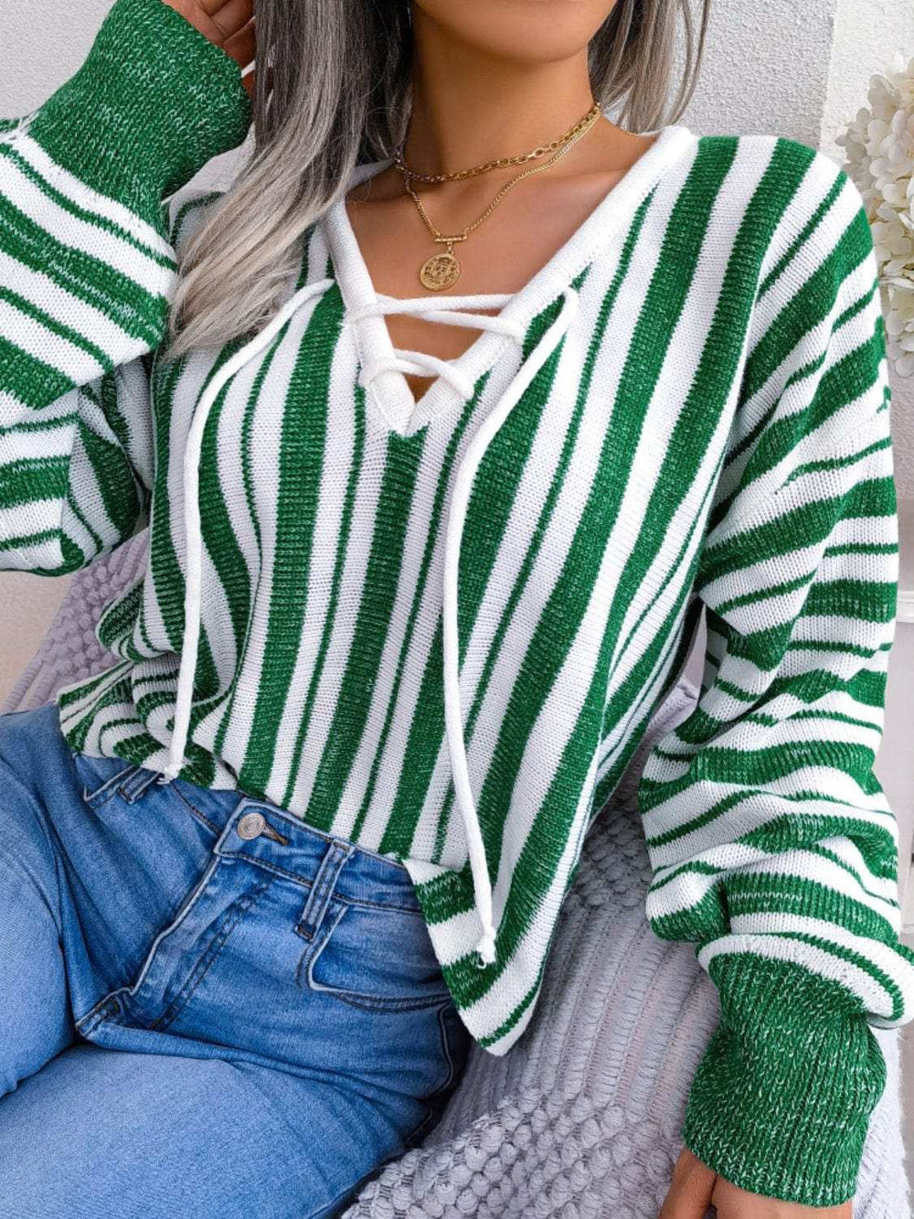 Striped Lace-Up Long Sleeve Sweater - Trendsi - Flyclothing LLC