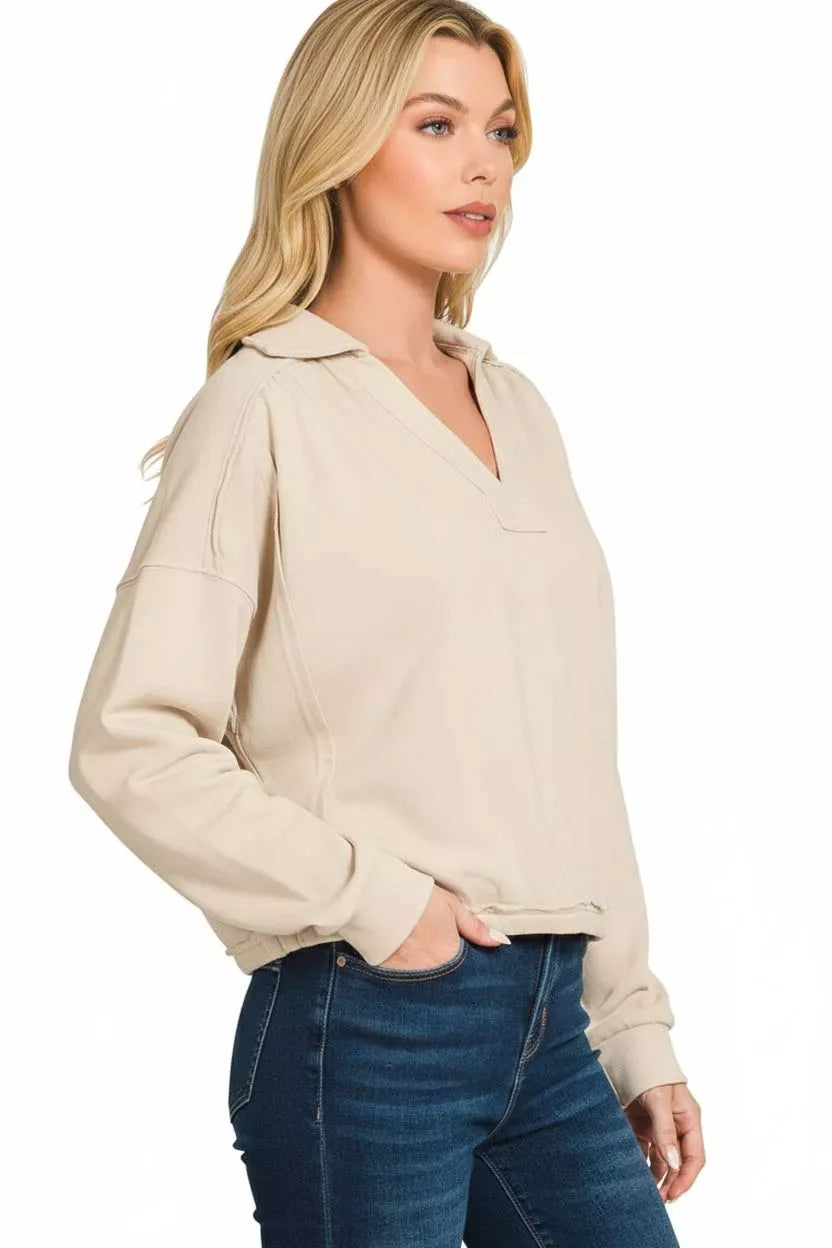 Zenana French Terry Collared Exposed Seam Sweatshirt - Trendsi - Flyclothing LLC