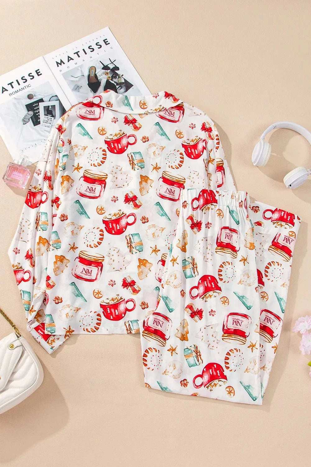 Printed Collared Neck Top and Pants Lounge Set - Trendsi - Flyclothing LLC