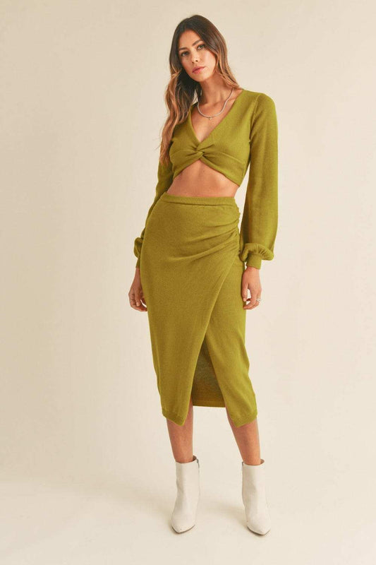 MABLE Front Twisted Knit Top and Midi Skirt Set - Trendsi - Flyclothing LLC