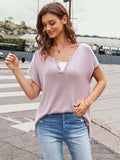 Notched Short Sleeve Knit Top - Trendsi - Flyclothing LLC