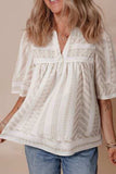 Geometric Jacquard Notched Half Sleeve Blouse - Trendsi - Flyclothing LLC