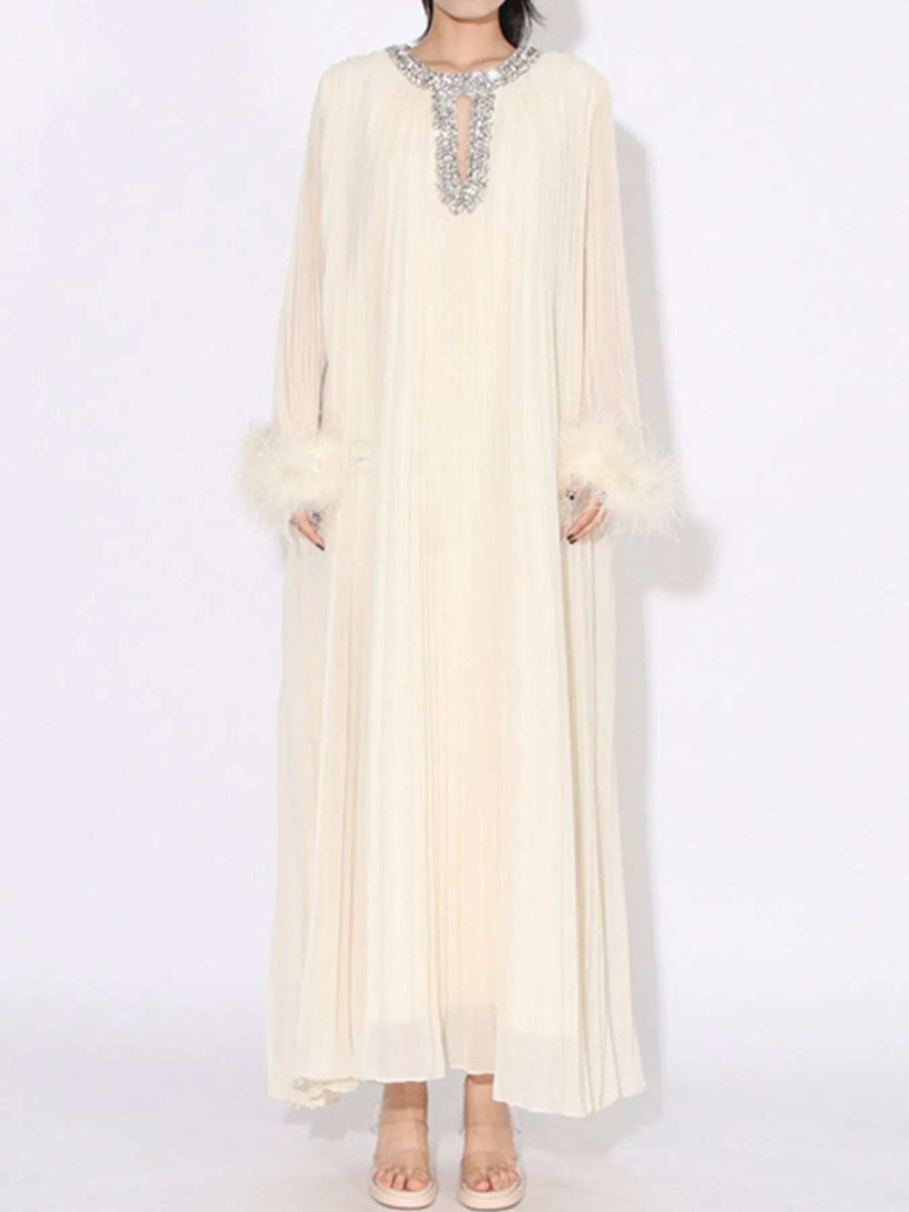 Rhinestone Long Sleeve Maxi Dress - Trendsi - Flyclothing LLC