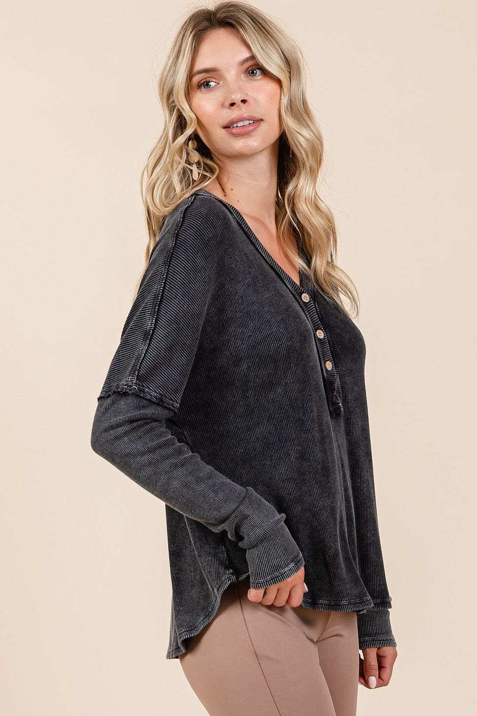 Mittoshop Washed V-Neck Long Sleeve Blouse - Trendsi - Flyclothing LLC