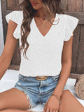 Textured V-Neck Cap Sleeve Blouse - Trendsi - Flyclothing LLC