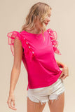 BiBi Pearl Decor Mesh Ruffle Sleeve Top - Trendsi - Flyclothing LLC