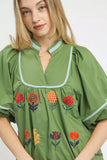 Umgee Embroidered Floral Puff Sleeve Top - Trendsi - Flyclothing LLC